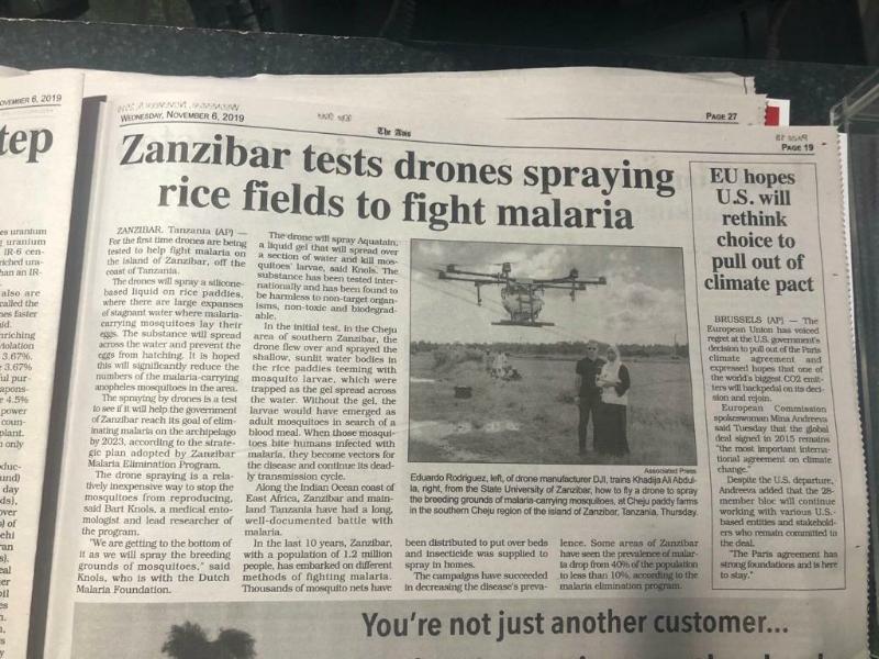 Zanzibar tests drones spraying rice fields to fight malaria